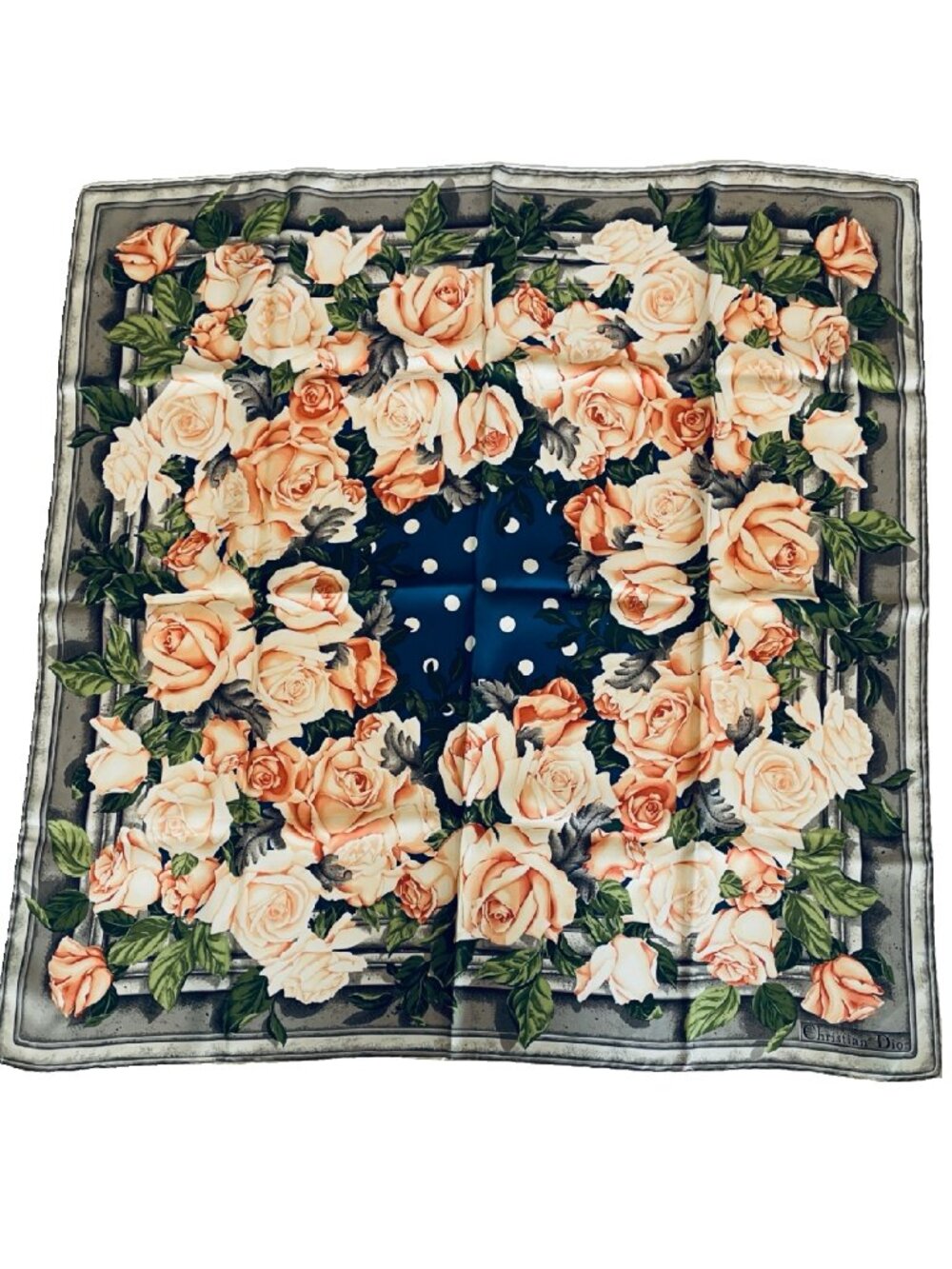 Vintage Christian Silk Scarf with Roses & Polka Dots